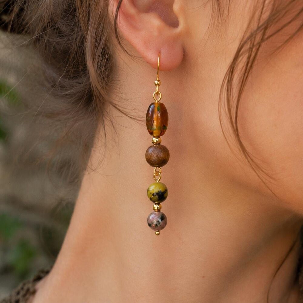 Green Serpentine, Lampwork Glass, & Wood Beaded Dangle Earrings
